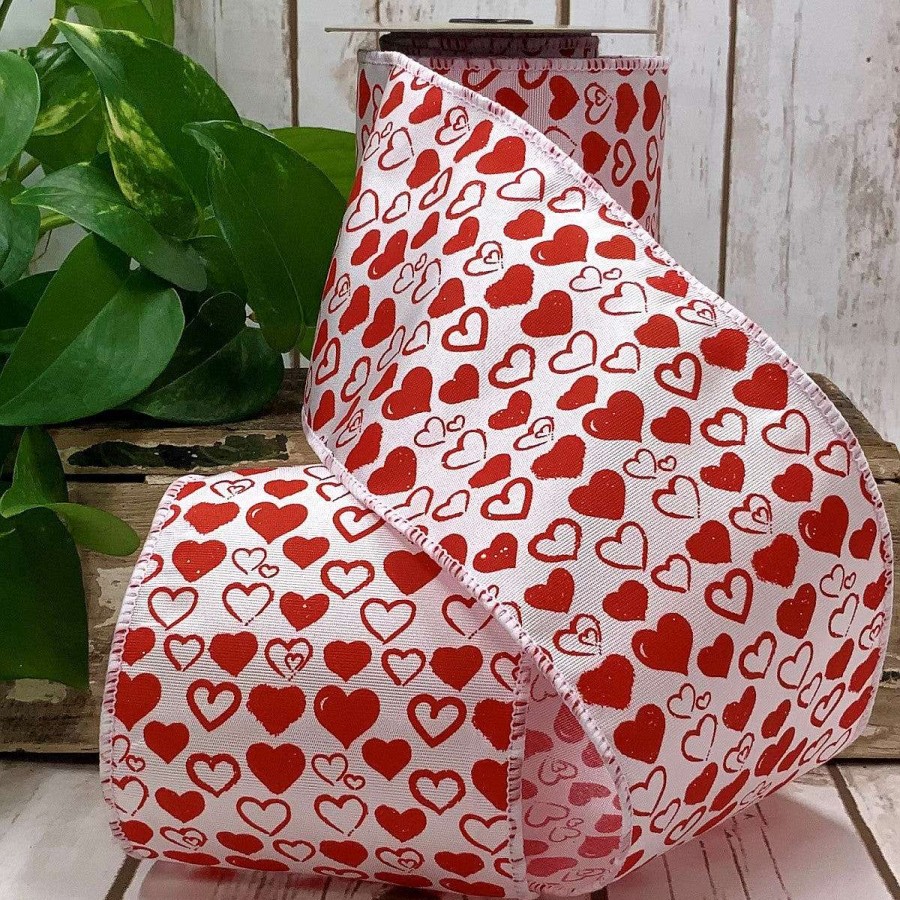 D. Stevens Ribbon | Red Heart Doodles On White Ribbon, 4" X 10Yd