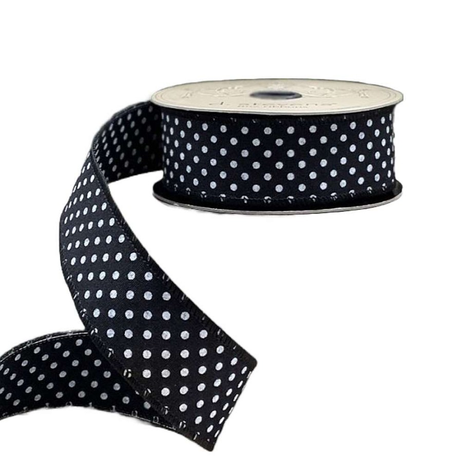 D. Stevens Ribbon | Dual Sided White Polka Dot On Black Ribbon, 1.5" X 10Yd