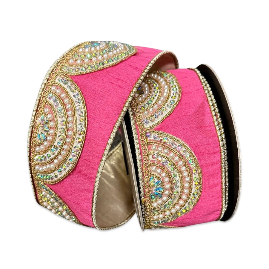 D. Stevens Ribbon | Scallop Iridescent Pearl Trim Pink And Gold Ribbon, 2.5" X 5Yd