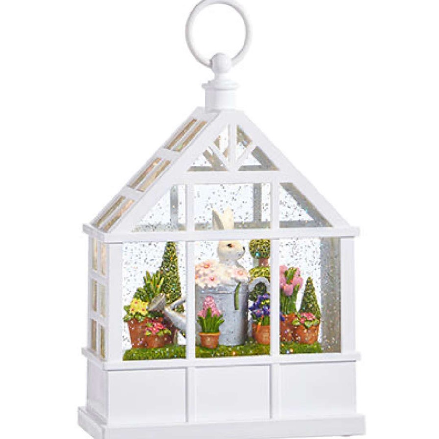 RAZ Focal Points | Bunny In Watering Can Lighted Water White Greenhouse
