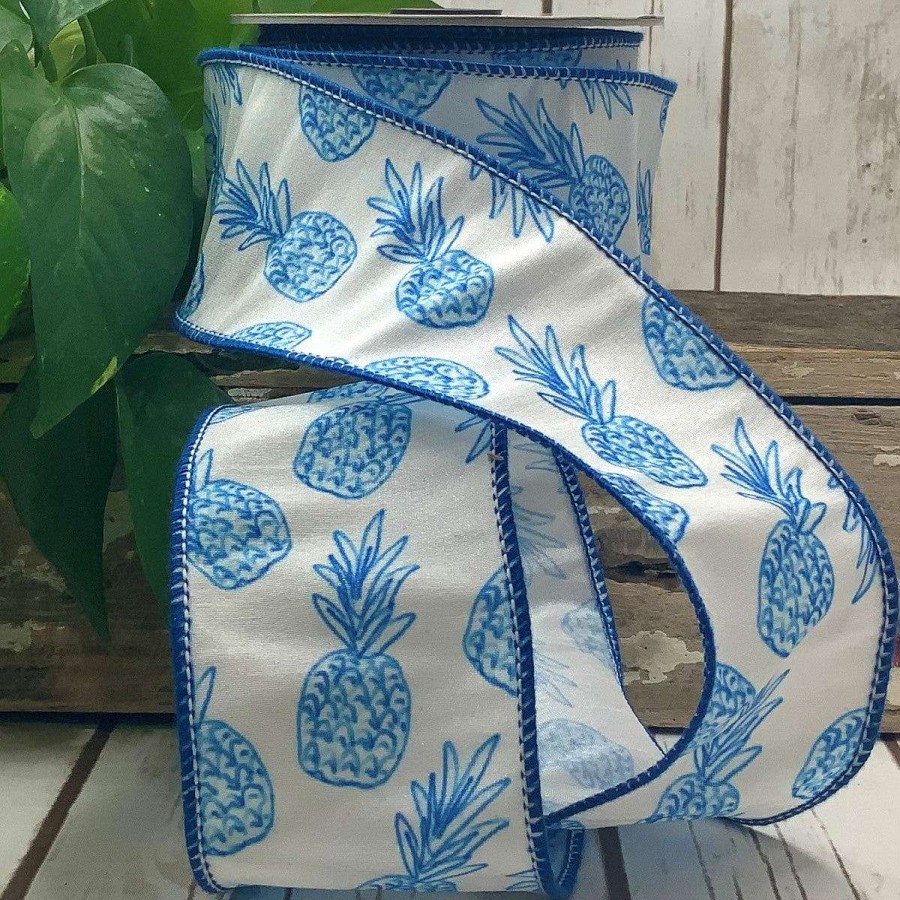 D. Stevens Ribbon | Sketch Blue Pineapple On White 2.5"X10Yds
