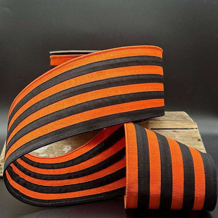 D. Stevens Ribbon | Dupioni Black And Orange Stripe Ribbon, 4" X 10Yd