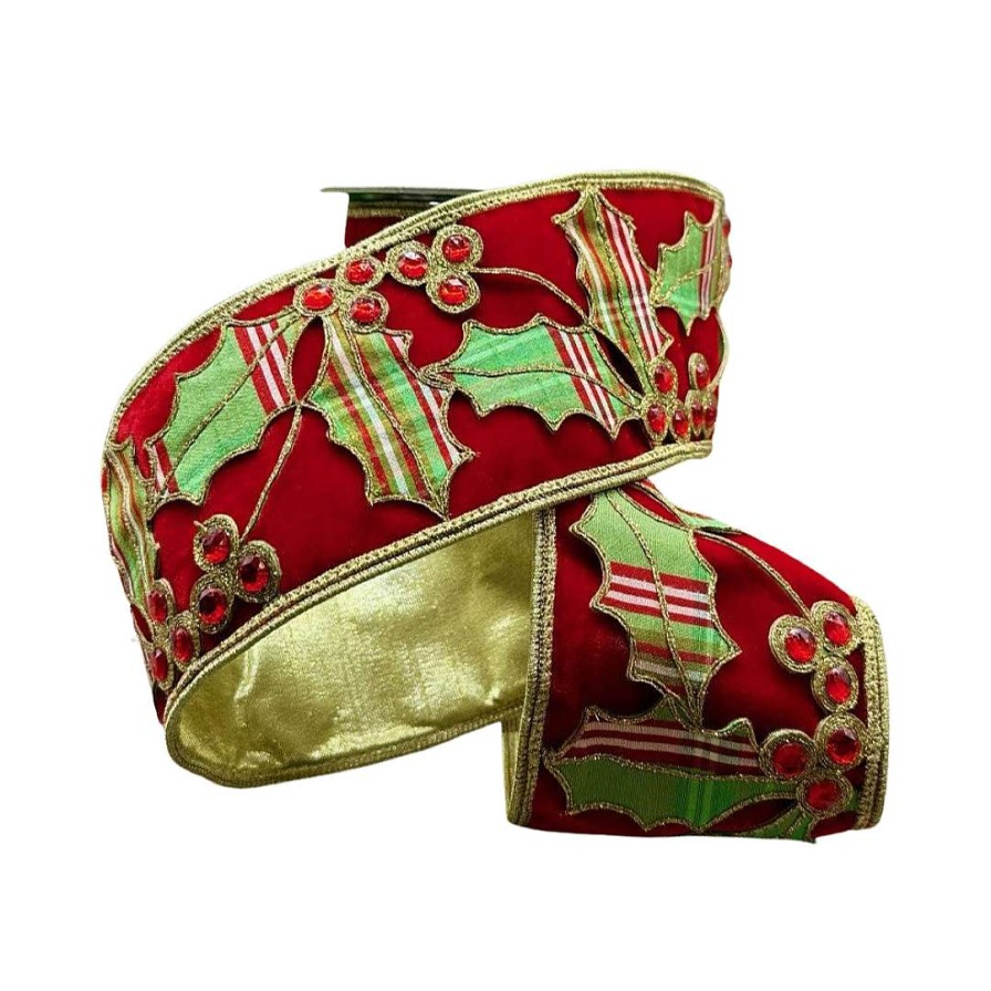 D. Stevens Ribbon | Velvet Jewel North Pole Plaid Holly Ribbon, 4" X 5Yd