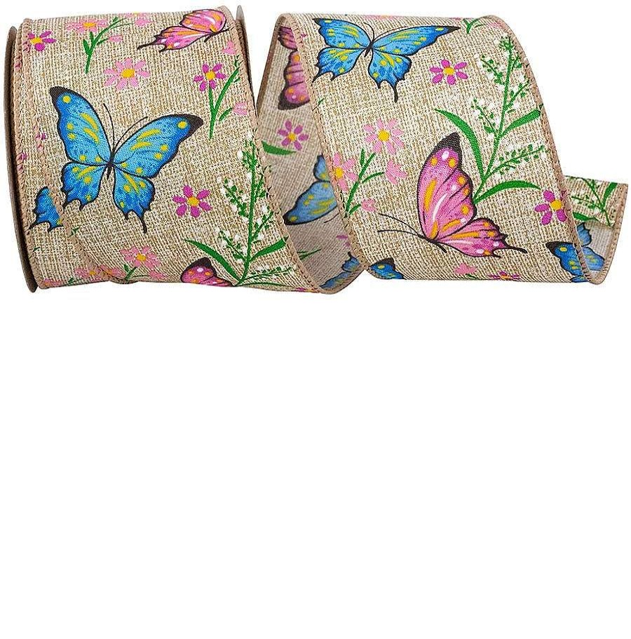 Reliant Ribbon Spring | Butterflies And Flowers Natural Ribbon, 2.5"X10Yd