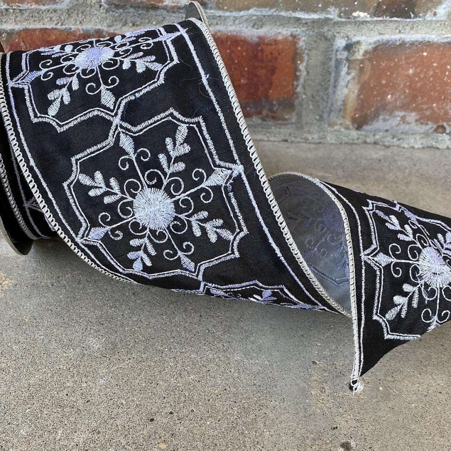 D. Stevens Ribbon | Faux Dupion Filigree Design In White And Black, 4" X 10Yd.