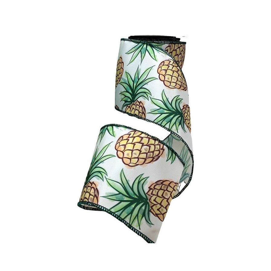 D. Stevens Ribbon | Tropical Pineapple On White Ribbon 4"X10Yds