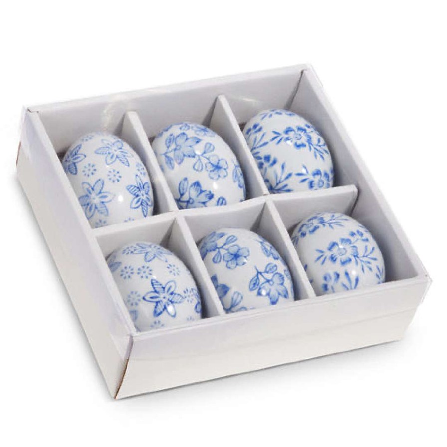 RAZ Figurines | Box Of 6 Blue Floral Eggs
