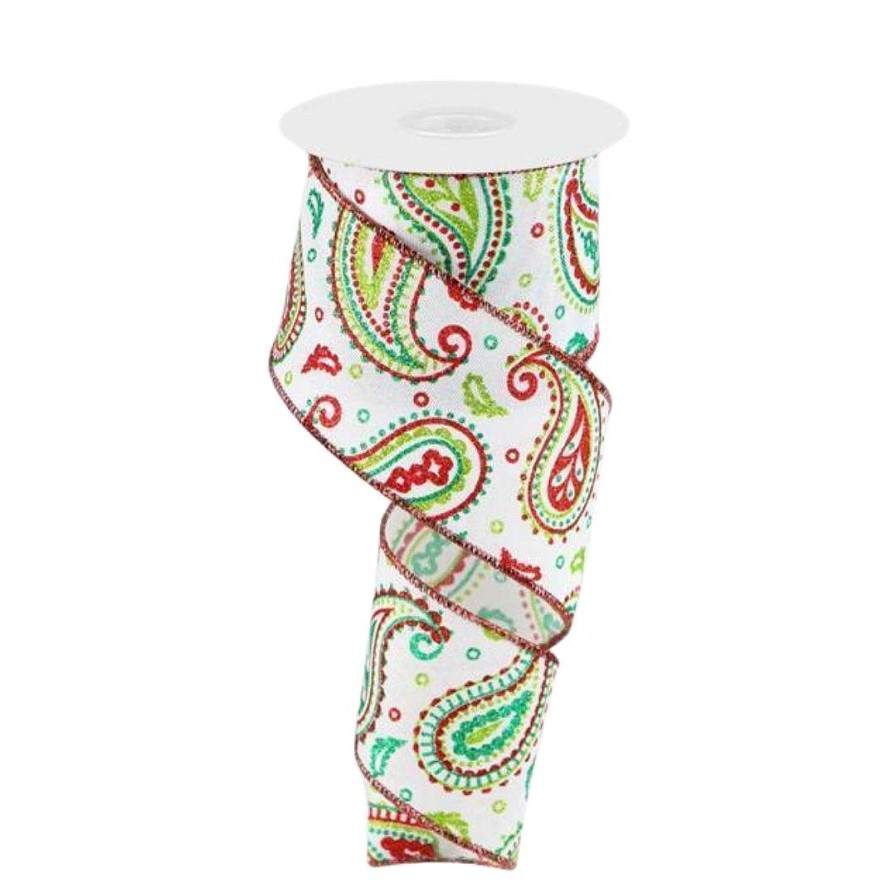 Craig Bachman Ribbon | Paisley In White, Lime, Red And Emerald, 2.5"X10Yd.